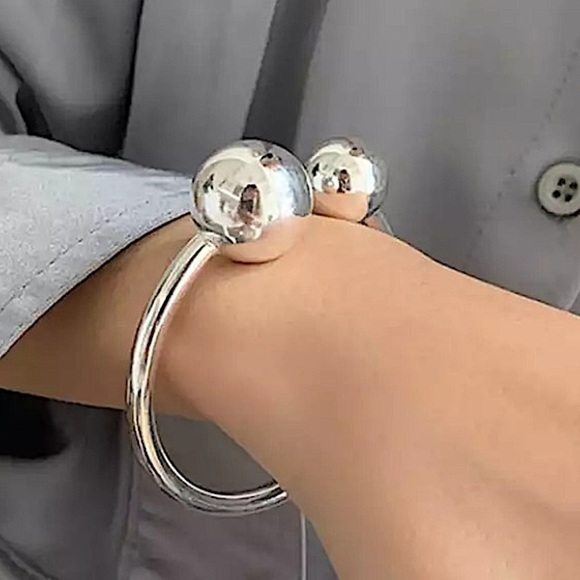 Sterling Silver Ball Drop Bangle Bracelet Ring Set - Picture 8 of 15